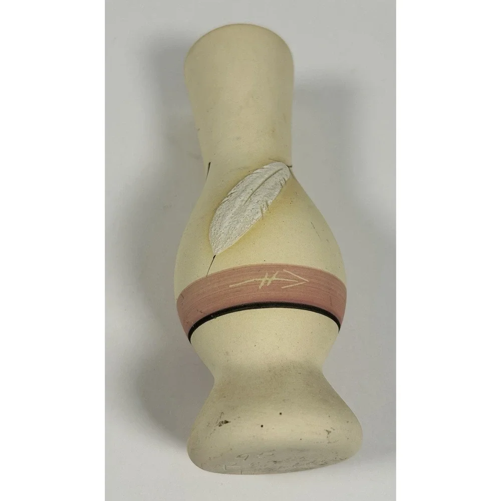 Pueblo Style Pottery Signed Bud Vase Feathers 7.5